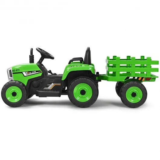 12V Kids Ride On Tractor with Trailer Ground Loader-Green