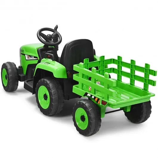 12V Kids Ride On Tractor with Trailer Ground Loader-Green