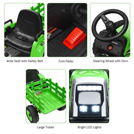 12V Kids Ride On Tractor with Trailer Ground Loader-Green