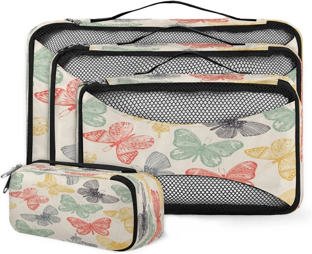 4 Set Packing Cubes Artistic Butterfly Patterns Travel Accessories Mesh Organizer Bag Luggage Travel Essentials for Carry on Suitcases