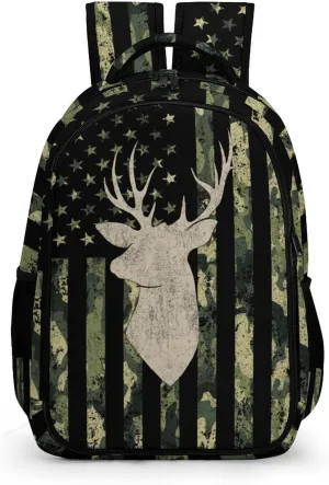 American Flag Camo Buck Deer Backpack, Army Green Camo Backpack for Boys, Camouflage Vintage USA Flag Deer Backpack for Kids Teens, Water Resistant Daypack Travel Laptop Backpack, 16.5 Inch