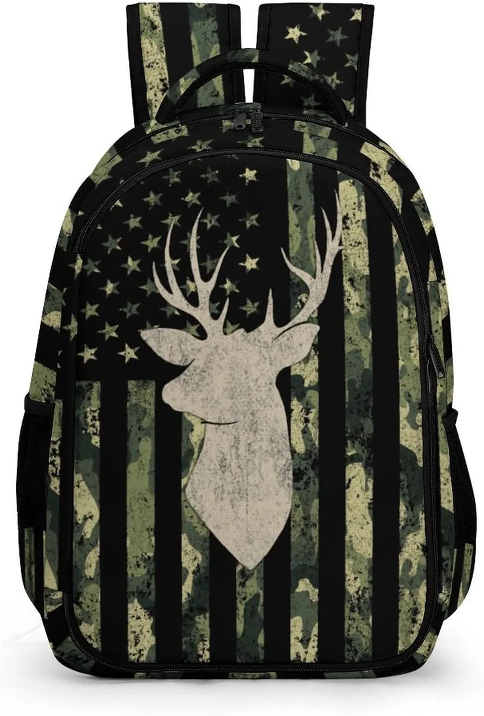 American Flag Camo Buck Deer Backpack, Army Green Camo Backpack for Boys, Camouflage Vintage USA Flag Deer Backpack for Kids Teens, Water Resistant Daypack Travel Laptop Backpack, 16.5 Inch