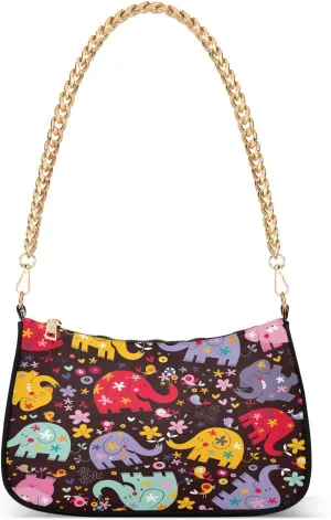 Animal Elephants Colorful Shoulder Handbags for Women Travel Hobo Tote Handbag Women Gold Chain Shoulder Bags Purse with Zipper Closure