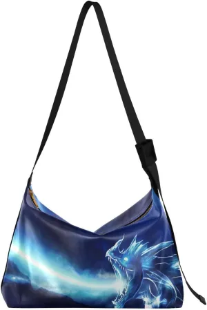 Artistic Blue Dragon Hobo Crossbody Bags for Women Leather Large Shoulder Bag Cross Body Unique Powerful Firing Trendy Womens Tote Bags Handbag for Travel Shopping