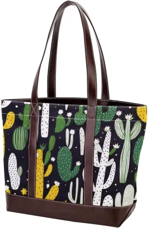 Artistic Cactus-529 Tote Bags Durable Leather Canvas Purses and Handbags for Women Top Handle Shoulder Satchel Hobo Bags