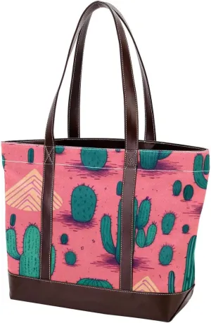 Artistic Cactus-595 Tote Bags Durable Leather Canvas Purses and Handbags for Women Top Handle Shoulder Satchel Hobo Bags