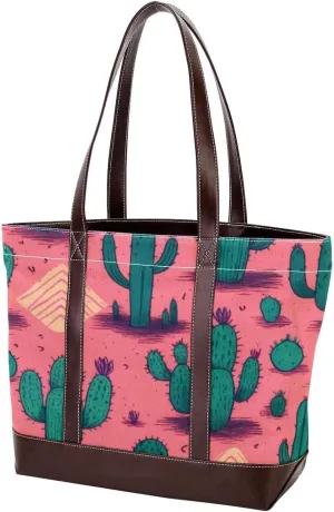 Artistic Cactus-598 Tote Bags Durable Leather Canvas Purses and Handbags for Women Top Handle Shoulder Satchel Hobo Bags