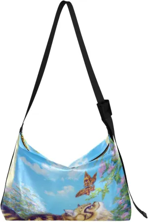 Artistic Cat Catching Butterfly Hobo Crossbody Bags for Women Leather Large Shoulder Bag Cross Body Garden Flowers Trendy Womens Tote Bags Handbag for Travel Shopping