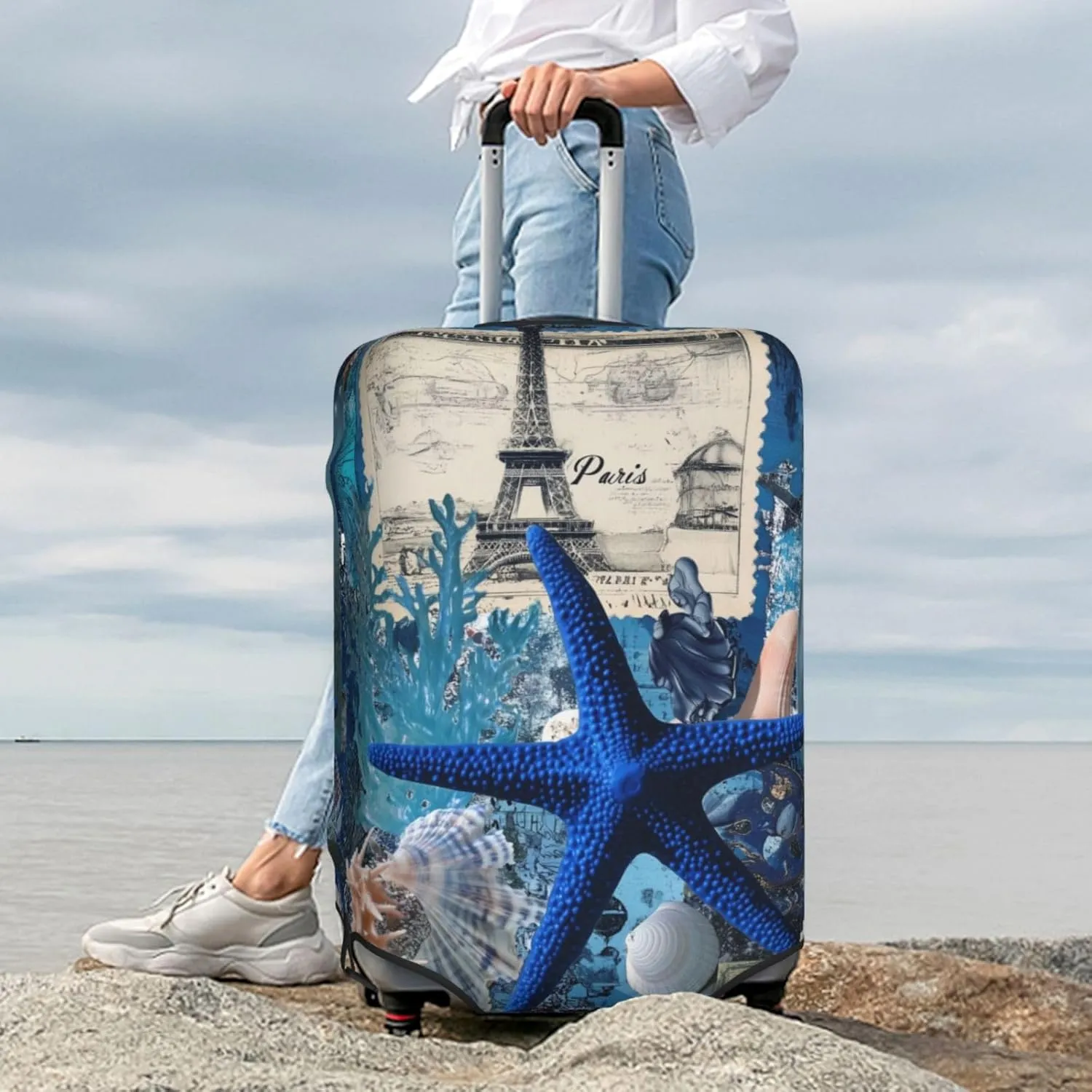 Artistic Collage Featuring Blue Starfish Coral Reefs Luggage Cover Suitcase Cover Protector Travel Suitcase Cover