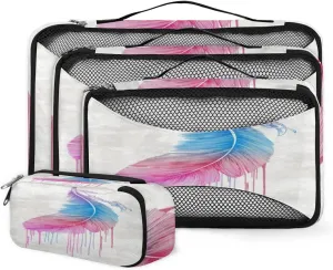 Artistic Colored Feather 4 Piece Packing Travel Organizer Cubes Set Mesh Fabric Ventilate Design Lightweight Travel Accessories 4 Sizes (Extra Large, Large, Medium, Small)