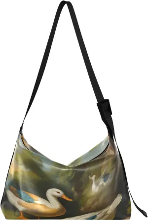 Artistic Ducks Hobo Crossbody Bags for Women Leather Large Shoulder Bag Cross Body Oil Painting Trendy Womens Tote Bags Handbag for Travel Shopping