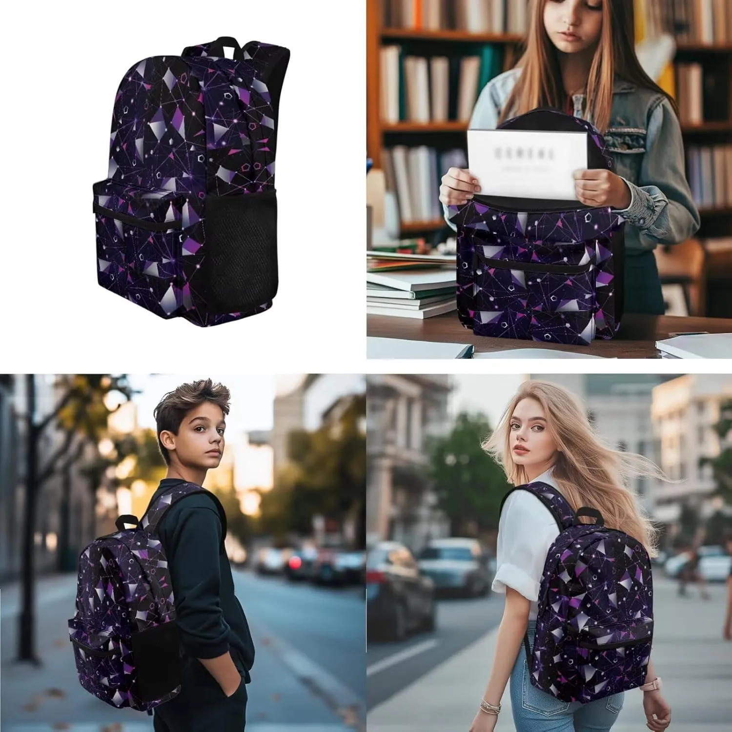 Artistic Geometric Patchwork Backpack with Matching Lunch Boxes Pencil Box Boys Schoolbag Set 3 in 1 School Bag with Lunch Bag and Pencil Case Bookbag