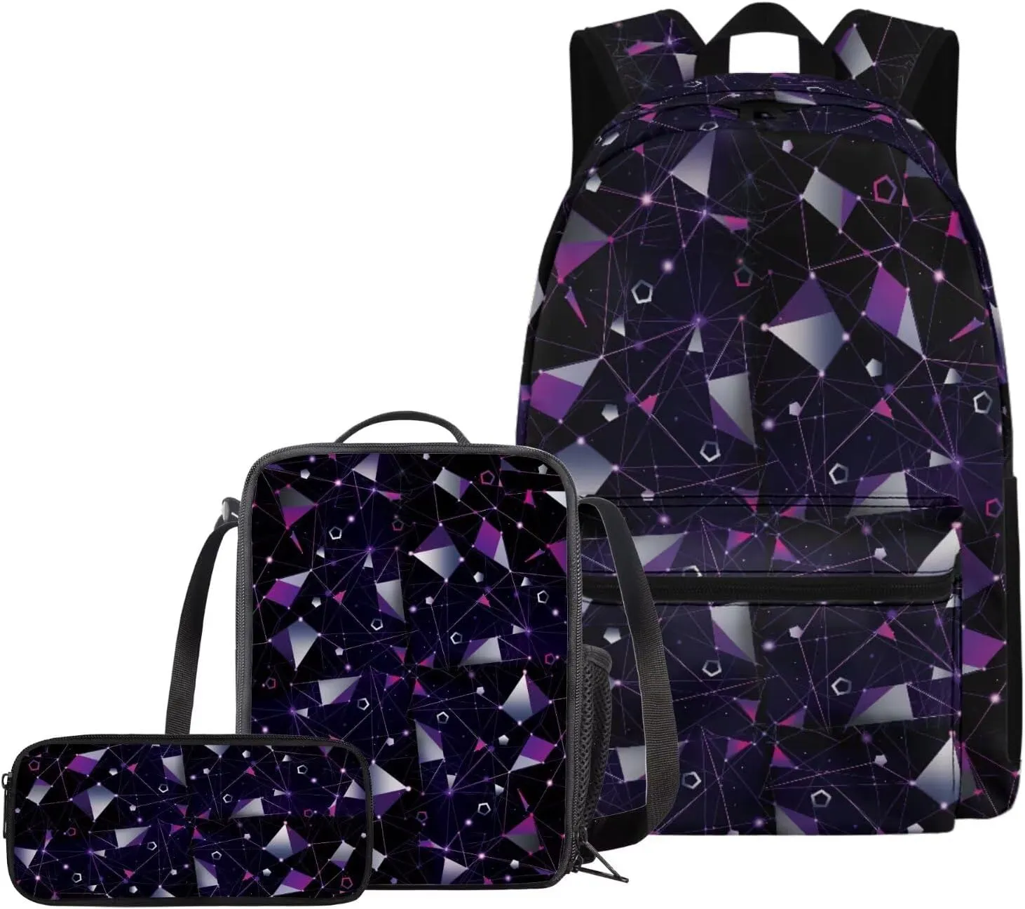 Artistic Geometric Patchwork Backpack with Matching Lunch Boxes Pencil Box Boys Schoolbag Set 3 in 1 School Bag with Lunch Bag and Pencil Case Bookbag