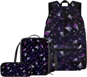 Artistic Geometric Patchwork Backpack with Matching Lunch Boxes Pencil Box Boys Schoolbag Set 3 in 1 School Bag with Lunch Bag and Pencil Case Bookbag