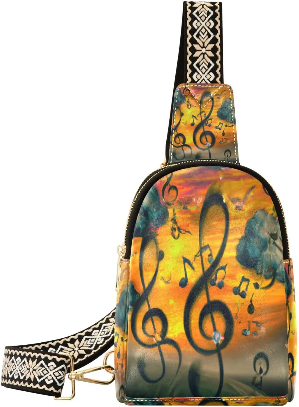 Artistic Musical Notes Fanny Pack Crossbody PC Leather Small Sling Bag for Women Sunset Fashion Waist Packs Chest Bag for Travel Sports Running Hiking