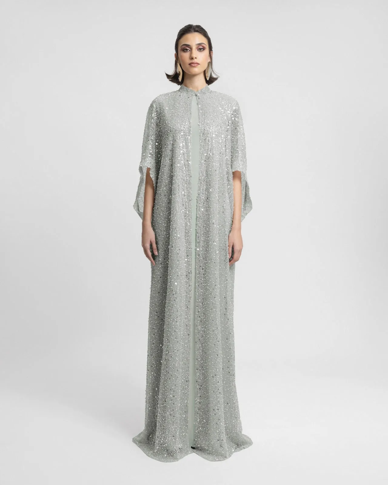 Beaded Light Mint Open Kaftan with Long Dress