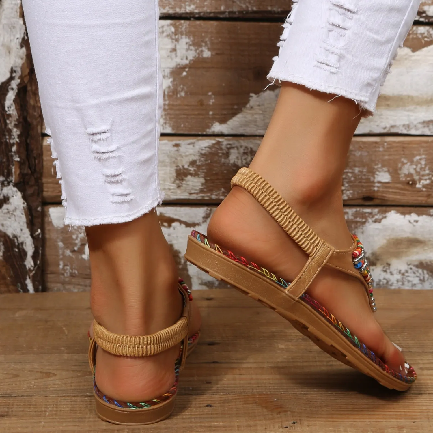 Beaded PU Leather Open Toe Sandals (2 color options)
