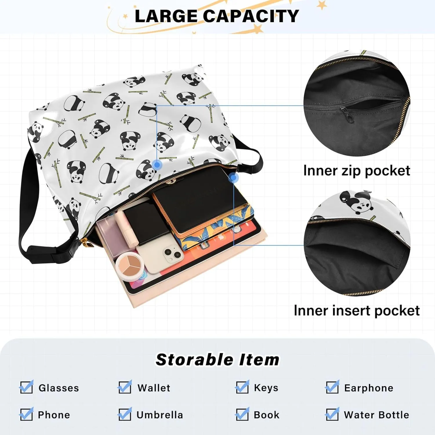 Bear Panda Polar Black White PU Leather Western Purse Hobo Large Crossbody Bags Floral Animal Print Women Bag