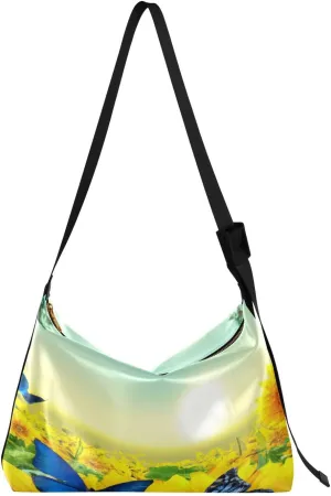 Beautiful Butterfly Sunflowers Hobo Crossbody Bags for Women Leather Large Shoulder Bag Cross Body Artistic Spring Scenery Trendy Womens Tote Bags Handbag for Travel Shopping