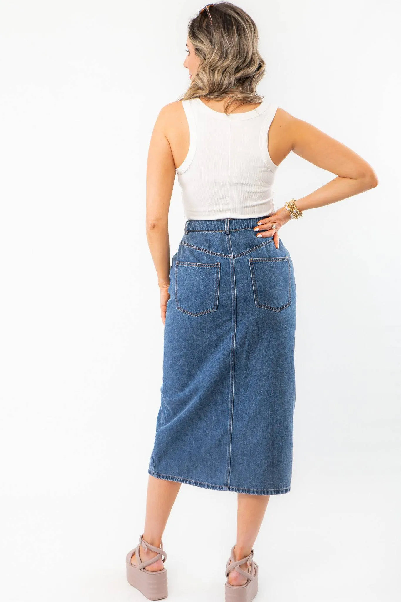 Bethany Dark Wash Button Down Denim Skirt