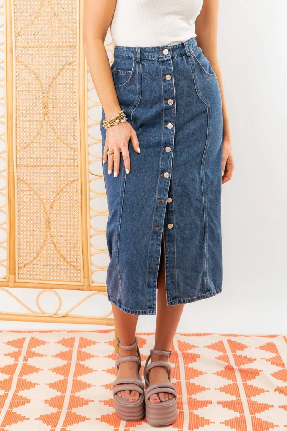 Bethany Dark Wash Button Down Denim Skirt