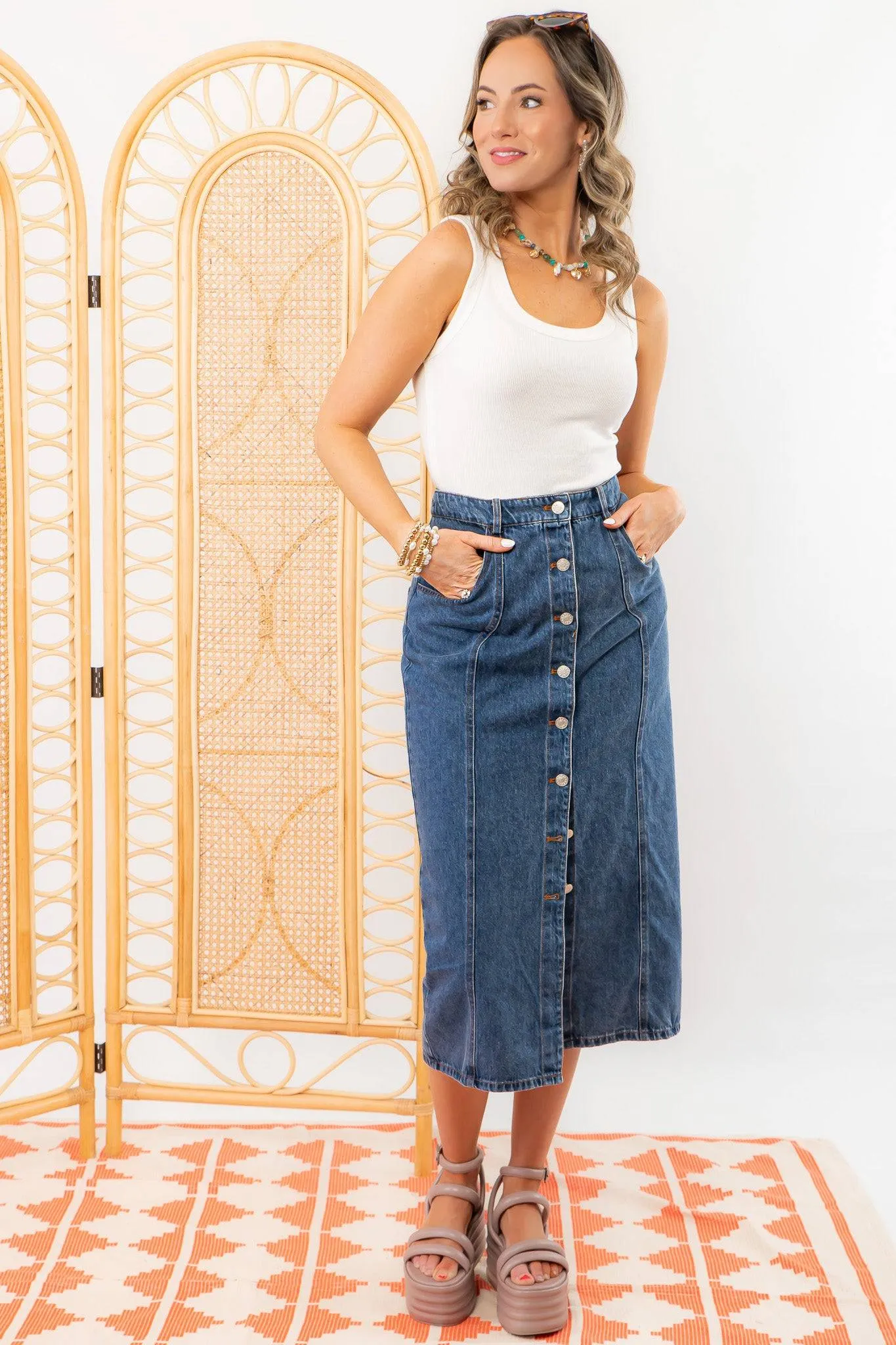 Bethany Dark Wash Button Down Denim Skirt