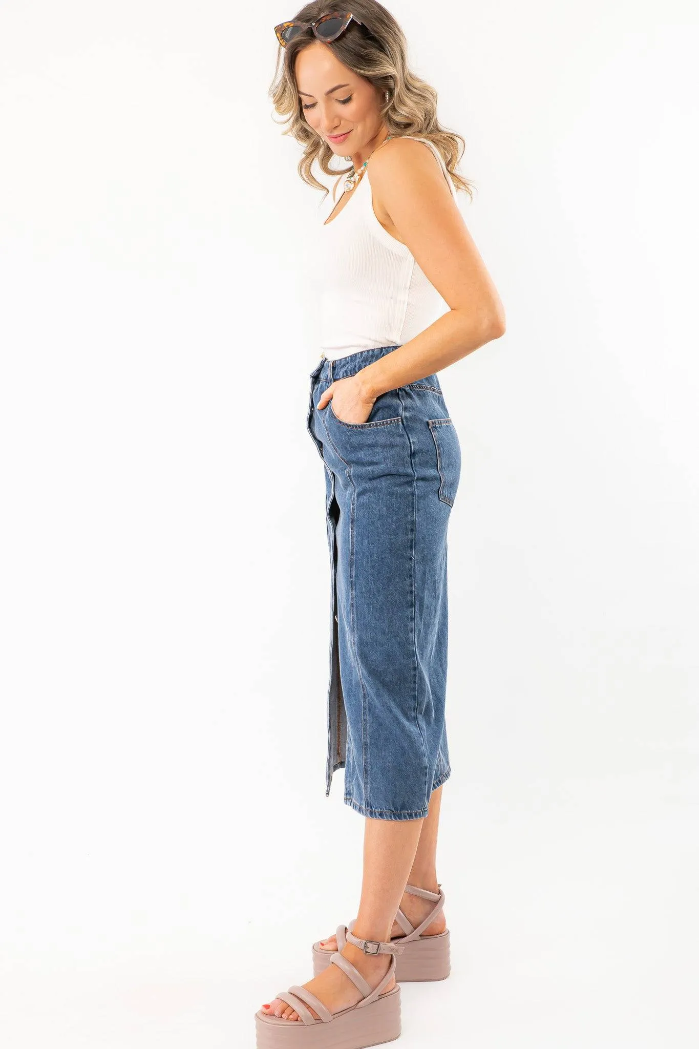 Bethany Dark Wash Button Down Denim Skirt