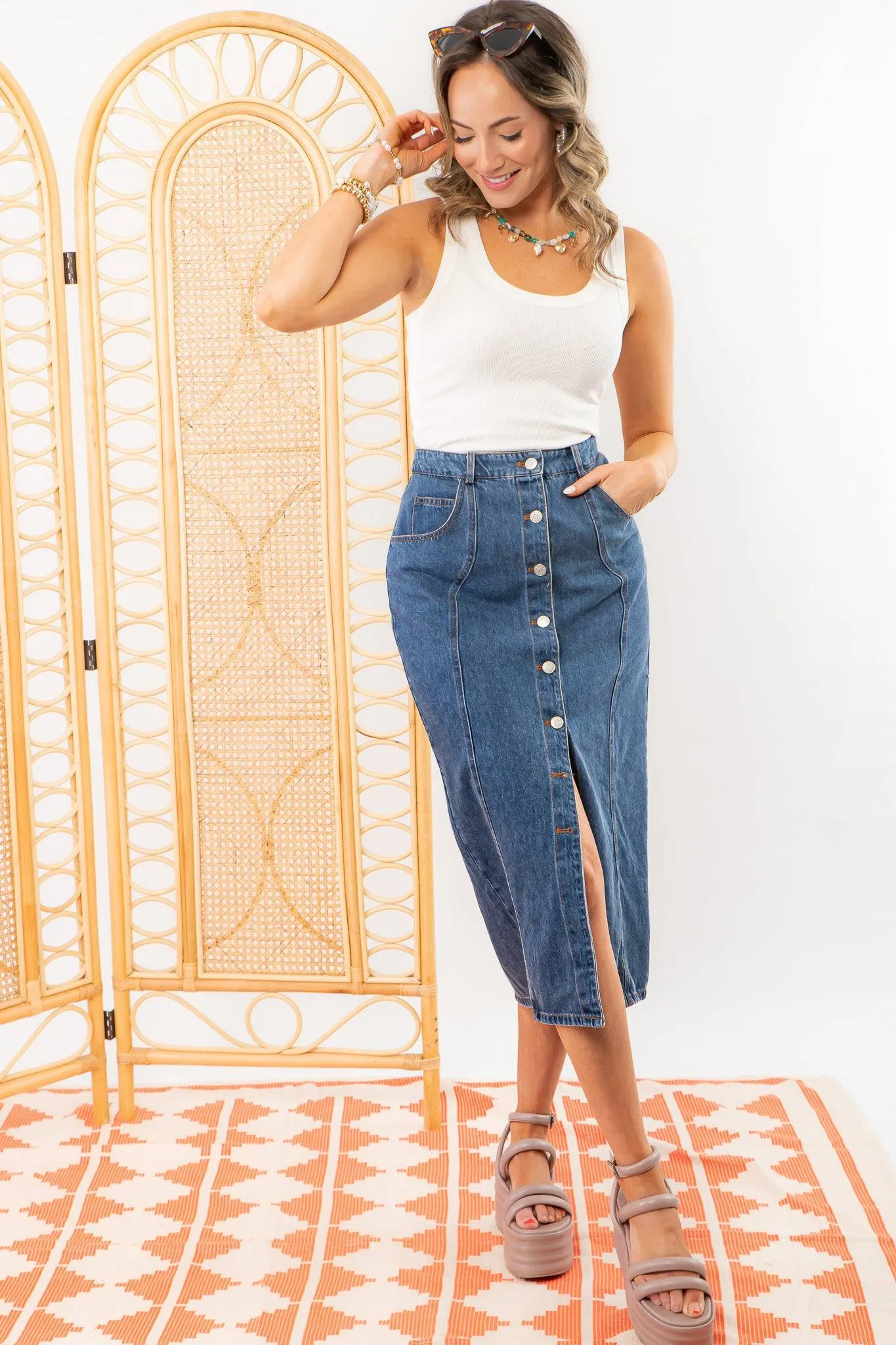 Bethany Dark Wash Button Down Denim Skirt