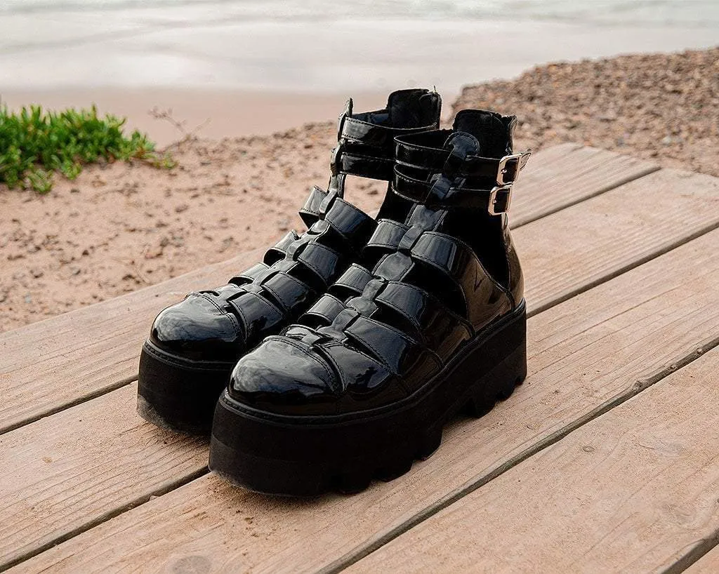 Black Patent Gladiator Dino Lug Sandal
