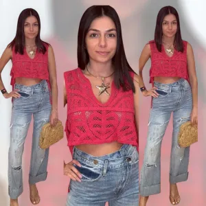 Boho Crochet Crop Top - Berry