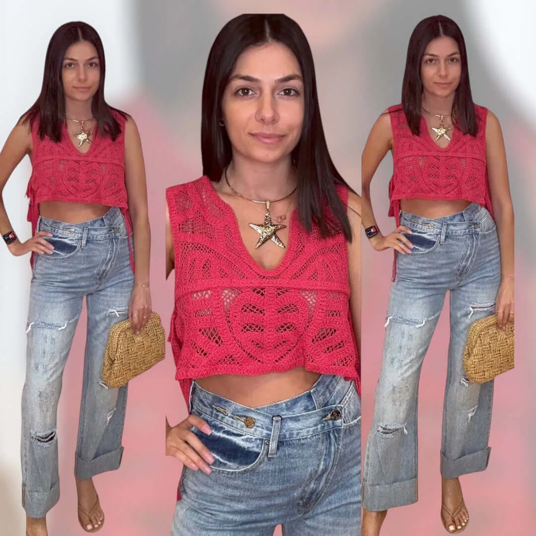 Boho Crochet Crop Top - Berry