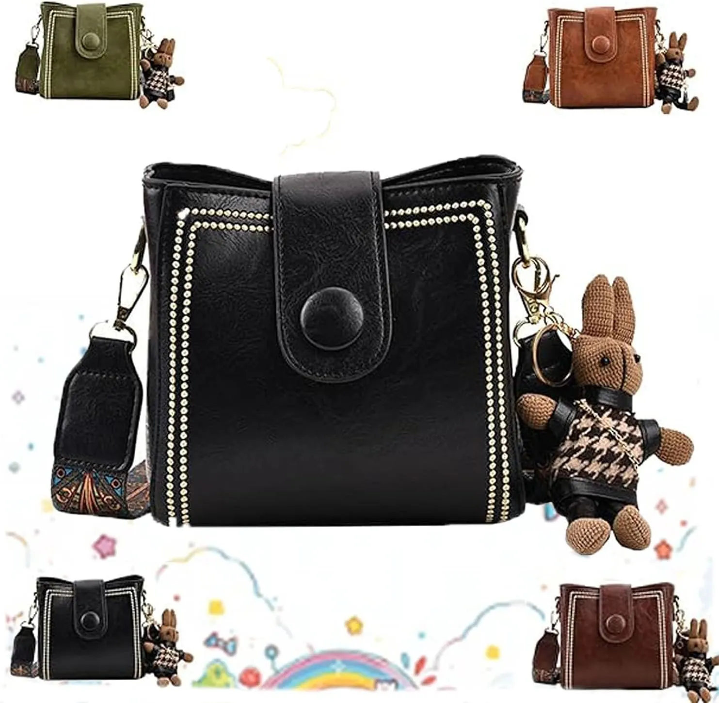 Bootara Bucket Bag - Bootara Women'S Vintage Bunny Charm Bucket Bag, Convertible Shoulder/Crossbody, Spacious Travel Tote