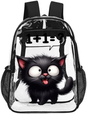 Cat Clear Backpack Heavy Duty for Girls Kids Boys Women Men - Large Cute PVC Cats Theme Printing Transparent Backpacks for Schools Stadium Concerts Work - Clear/Black