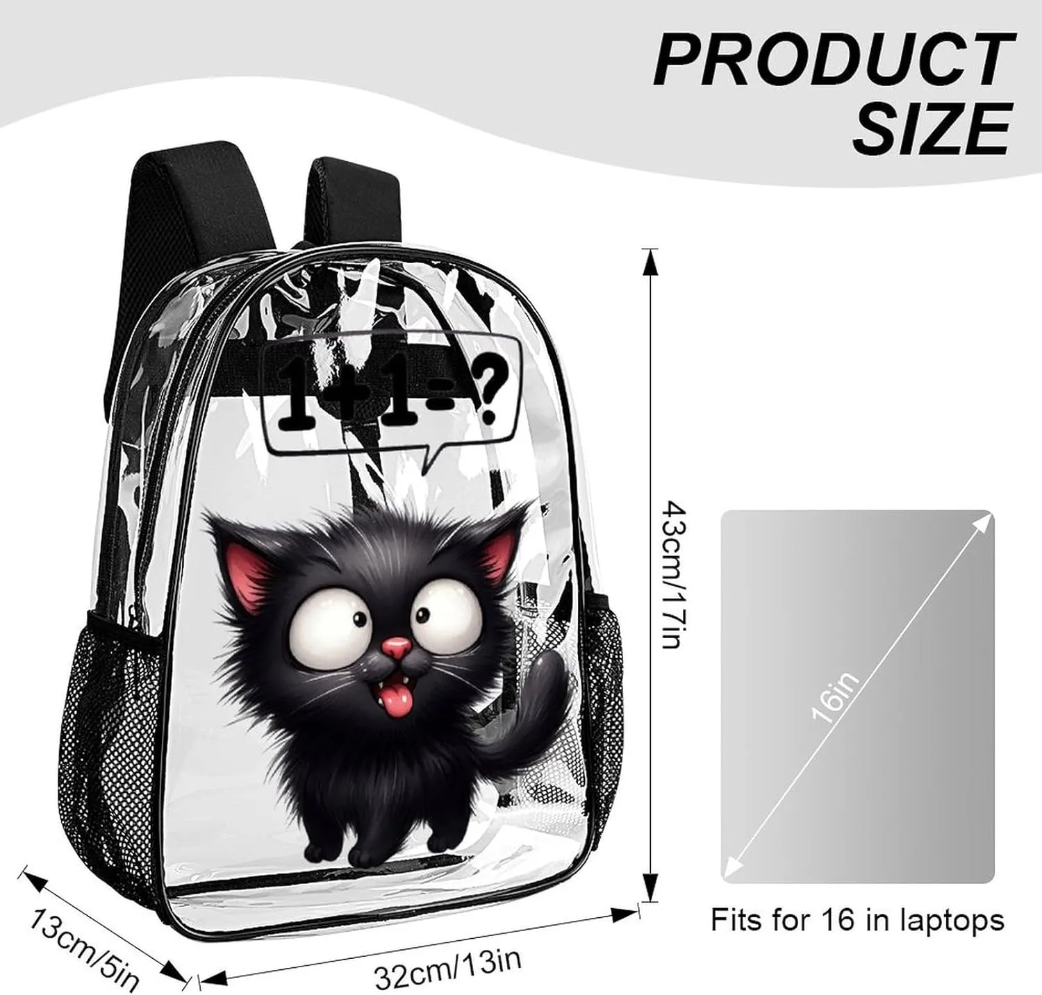 Cat Clear Backpack Heavy Duty for Girls Kids Boys Women Men - Large Cute PVC Cats Theme Printing Transparent Backpacks for Schools Stadium Concerts Work - Clear/Black