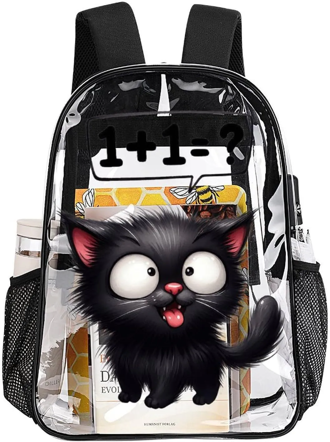 Cat Clear Backpack Heavy Duty for Girls Kids Boys Women Men - Large Cute PVC Cats Theme Printing Transparent Backpacks for Schools Stadium Concerts Work - Clear/Black