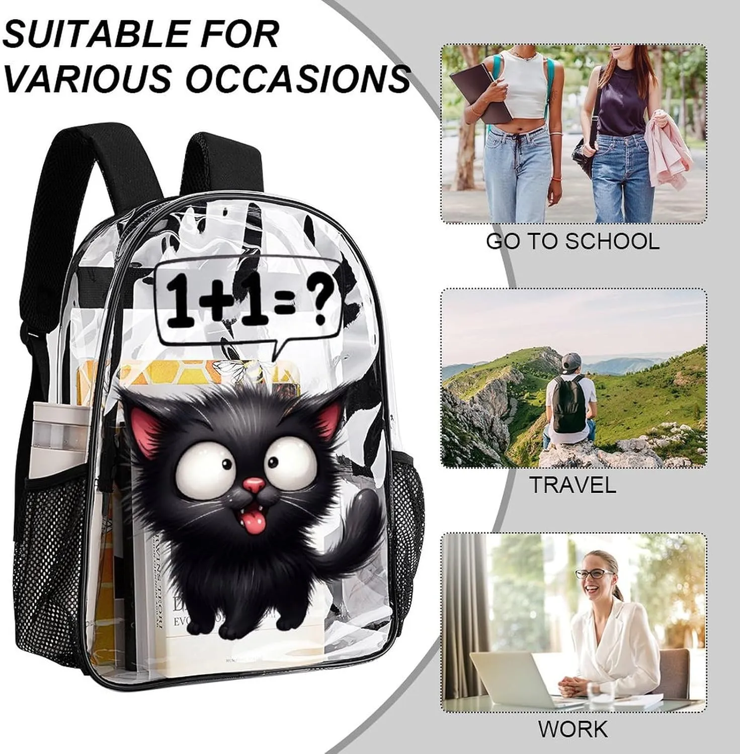 Cat Clear Backpack Heavy Duty for Girls Kids Boys Women Men - Large Cute PVC Cats Theme Printing Transparent Backpacks for Schools Stadium Concerts Work - Clear/Black