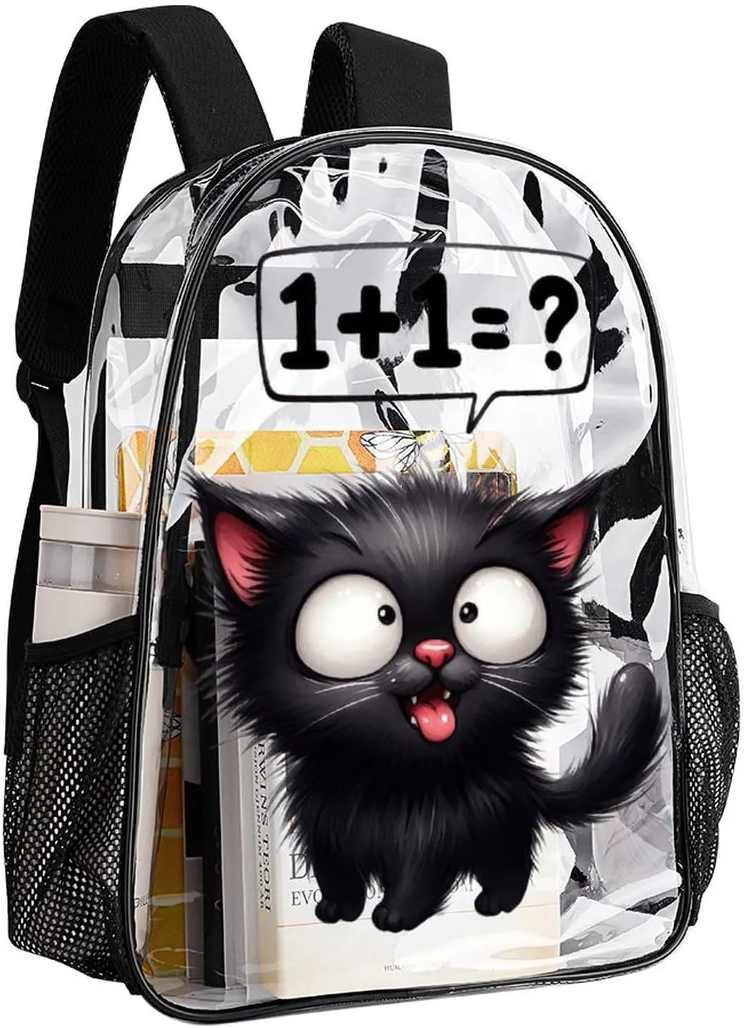Cat Clear Backpack Heavy Duty for Girls Kids Boys Women Men - Large Cute PVC Cats Theme Printing Transparent Backpacks for Schools Stadium Concerts Work - Clear/Black