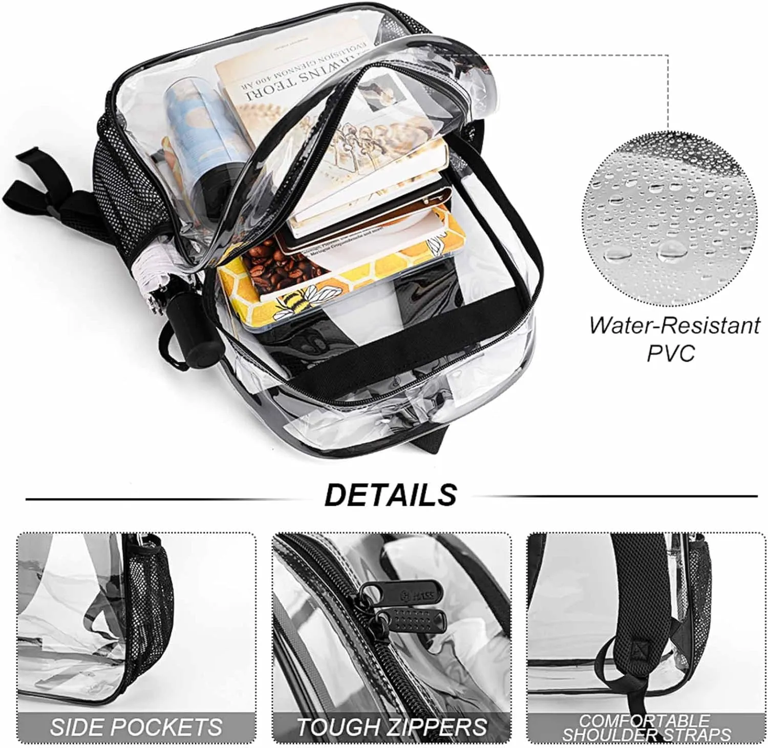 Cat Clear Backpack Heavy Duty for Girls Kids Boys Women Men - Large Cute PVC Cats Theme Printing Transparent Backpacks for Schools Stadium Concerts Work - Clear/Black