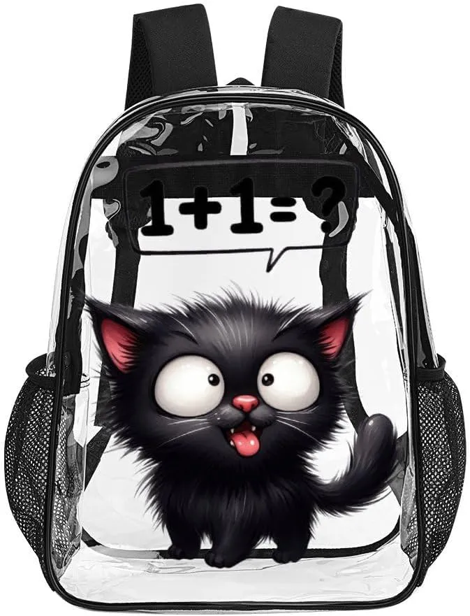 Cat Clear Backpack Heavy Duty for Girls Kids Boys Women Men - Large Cute PVC Cats Theme Printing Transparent Backpacks for Schools Stadium Concerts Work - Clear/Black
