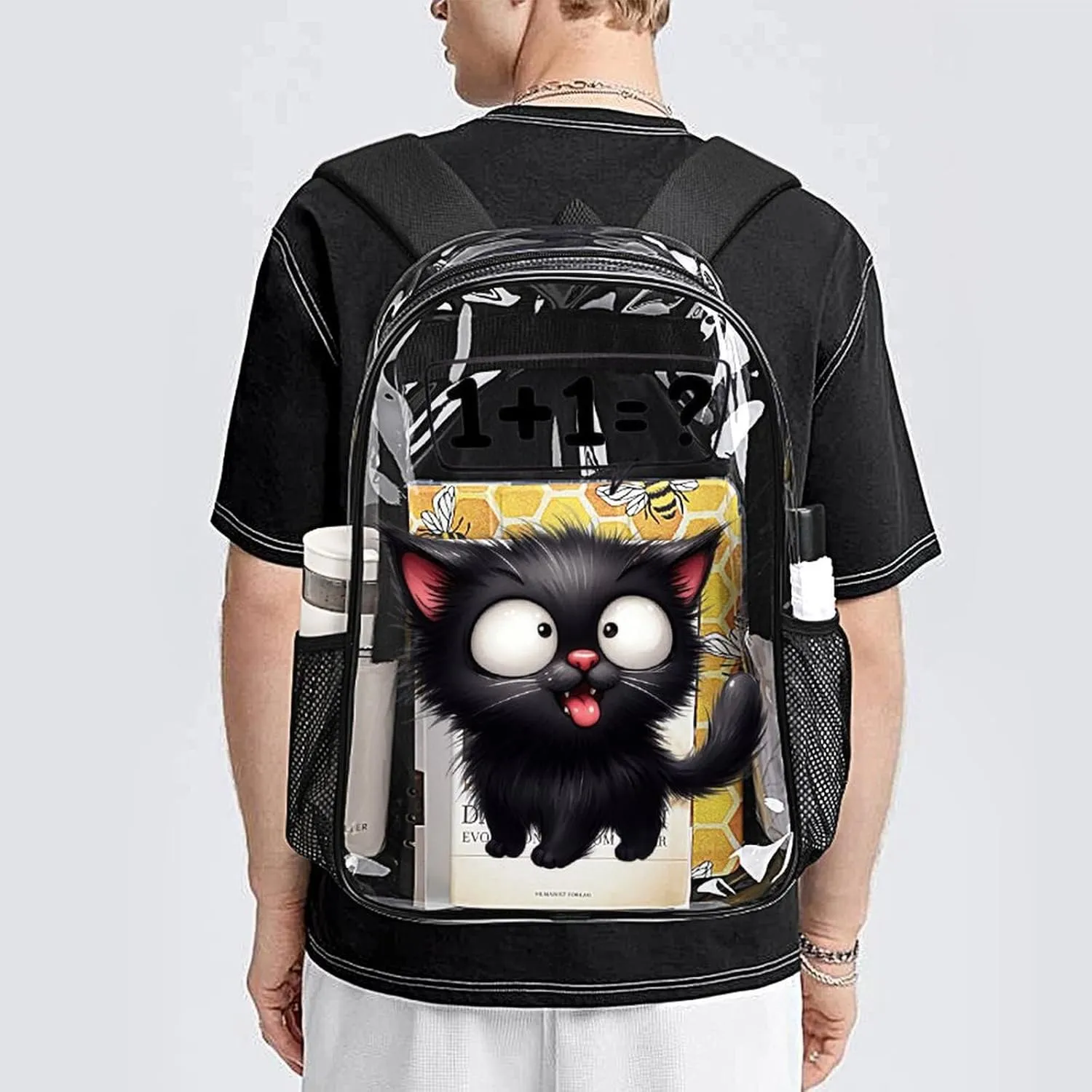 Cat Clear Backpack Heavy Duty for Girls Kids Boys Women Men - Large Cute PVC Cats Theme Printing Transparent Backpacks for Schools Stadium Concerts Work - Clear/Black