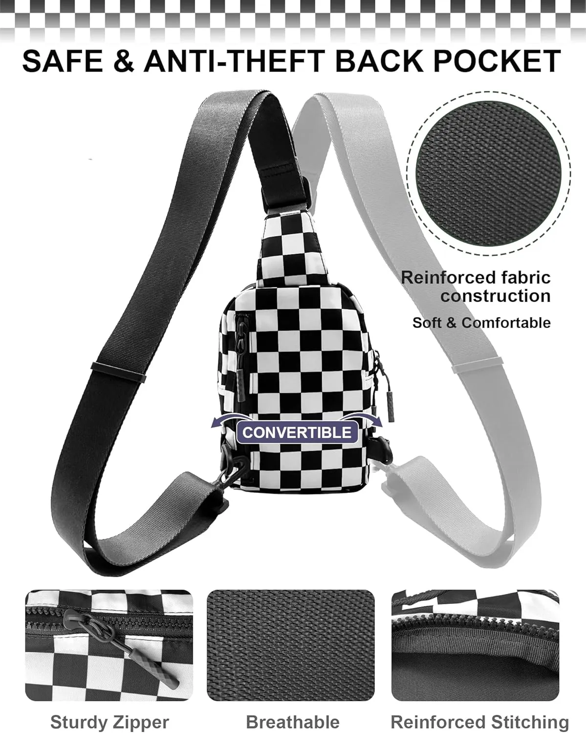 Checkered Sling Bag for Women, Spacious Checkered Crossbody Bag Shoulder Bag Purse with Adjustable Strap, Travel