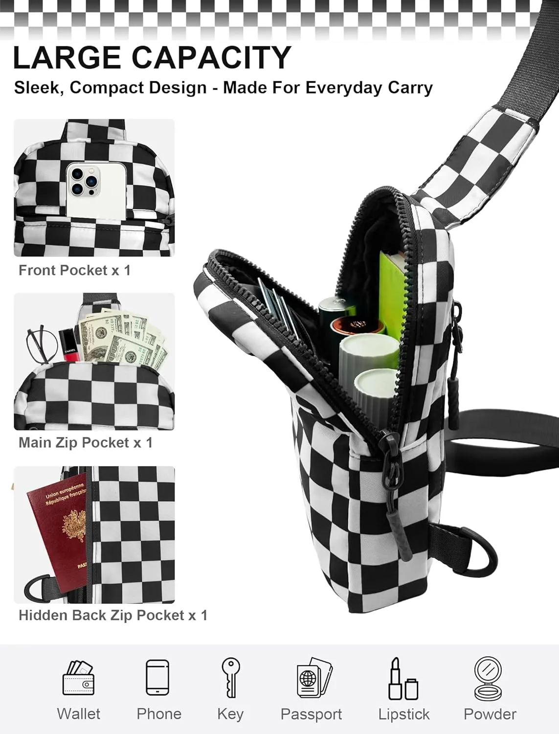 Checkered Sling Bag for Women, Spacious Checkered Crossbody Bag Shoulder Bag Purse with Adjustable Strap, Travel