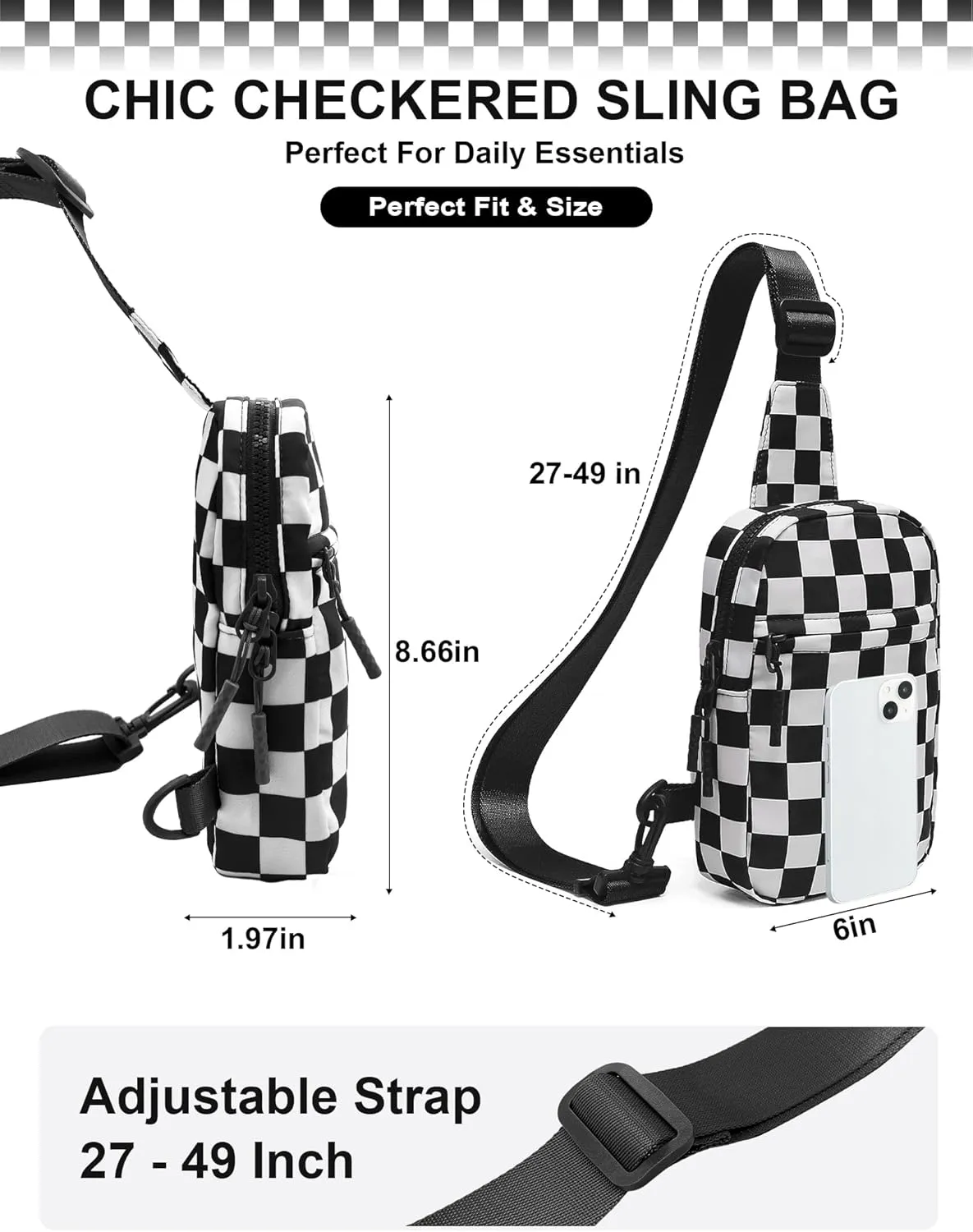 Checkered Sling Bag for Women, Spacious Checkered Crossbody Bag Shoulder Bag Purse with Adjustable Strap, Travel