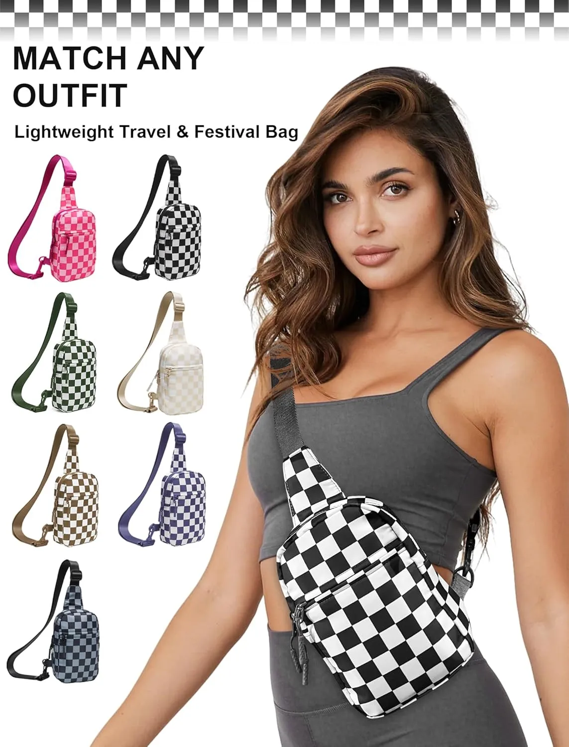 Checkered Sling Bag for Women, Spacious Checkered Crossbody Bag Shoulder Bag Purse with Adjustable Strap, Travel