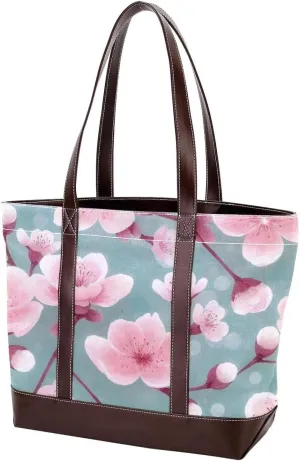 Cherry Blossom Aesthetics Tote Bags Durable Leather Canvas Purses and Handbags for Women Top Handle Shoulder Satchel Hobo Bags