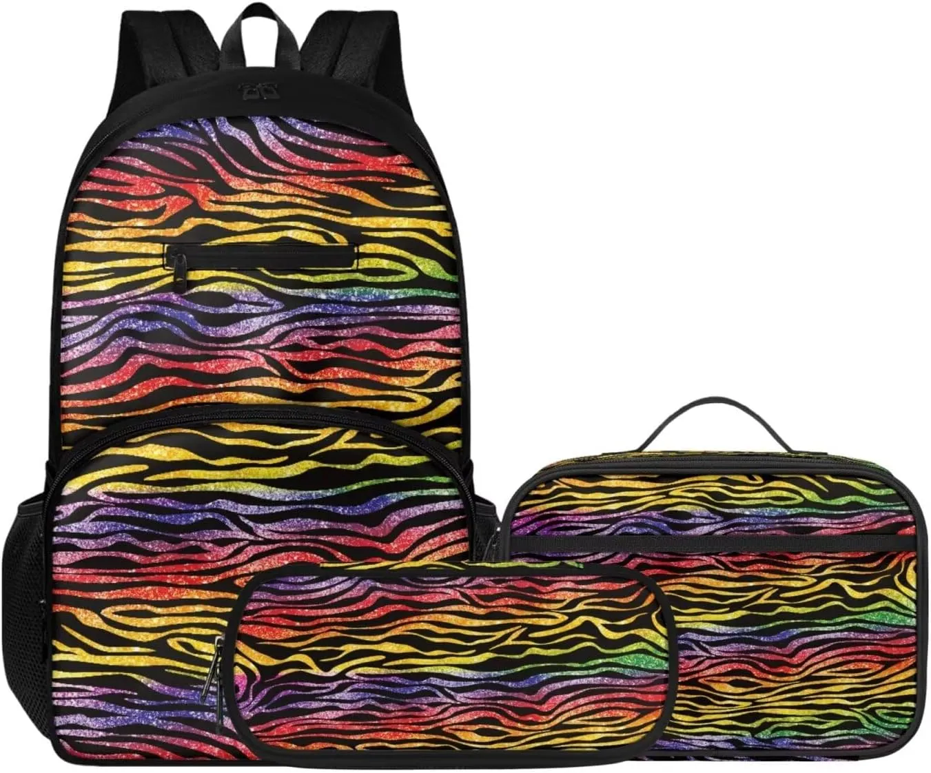 Colored Tiger Print 3 Pcs Backpack, Water Resistant Men Women School Bag With Lunch Box 17 Inch Bookbag Set For College Teenagers