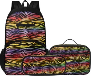 Colored Tiger Print 3 Pcs Backpack, Water Resistant Men Women School Bag With Lunch Box 17 Inch Bookbag Set For College Teenagers