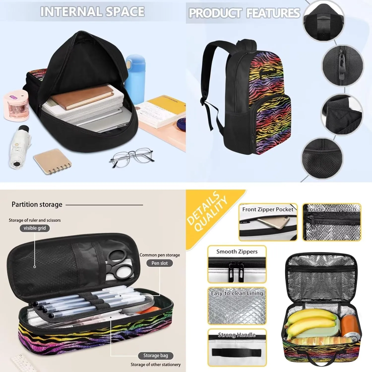 Colored Tiger Print 3 Pcs Backpack, Water Resistant Men Women School Bag With Lunch Box 17 Inch Bookbag Set For College Teenagers