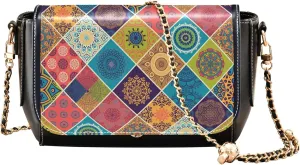 Colorful Bohemian Mandala Leather Shoulder Bags Black Women Crossbody Purse Trendy Satchel with Chain Strap