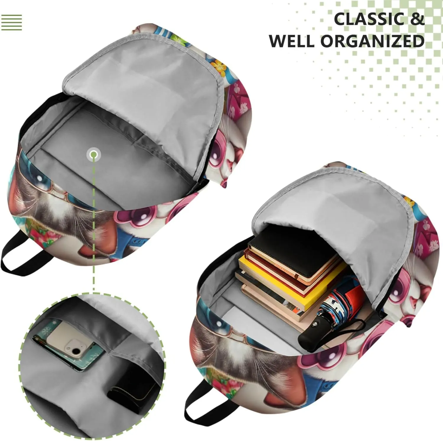 Colorful Casual Backpacks for Women Cute Waterproof Cute Cats Beach School Bookbag for Teen Girls